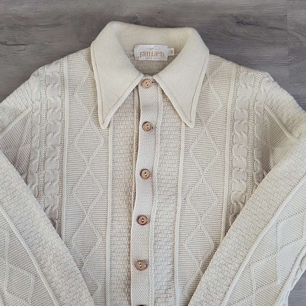 Vintage 70s Jantzen Cable Knit Cardigan - Made in Canada - Cream - Picture 4 of 11